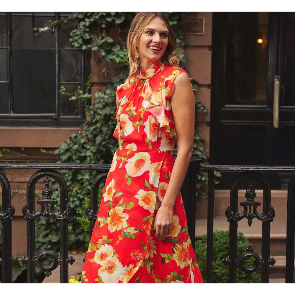 NWT Adrianna Papell Printed Chiffon Mock Neck Ankle Dress In Coral Size 16